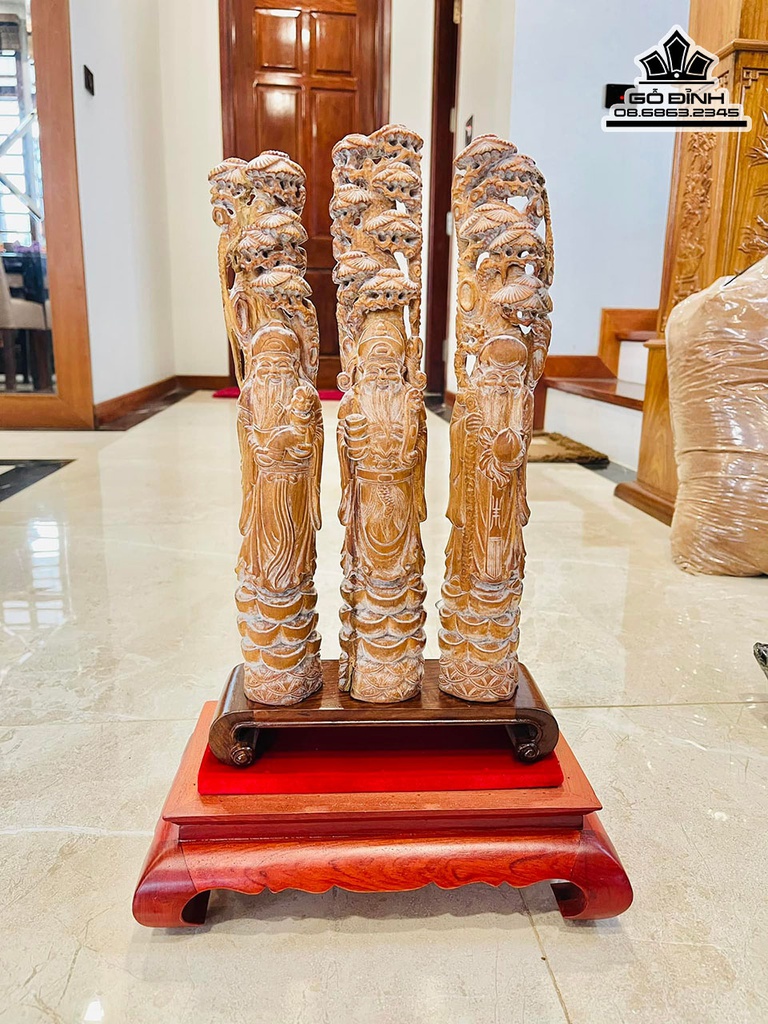 Tượng Phúc Lộc Thọ (Tam Đa) Gỗ Rễ Hoàng Đàn Cao 36 Ngang 7 Sâu 5 (cm) 0