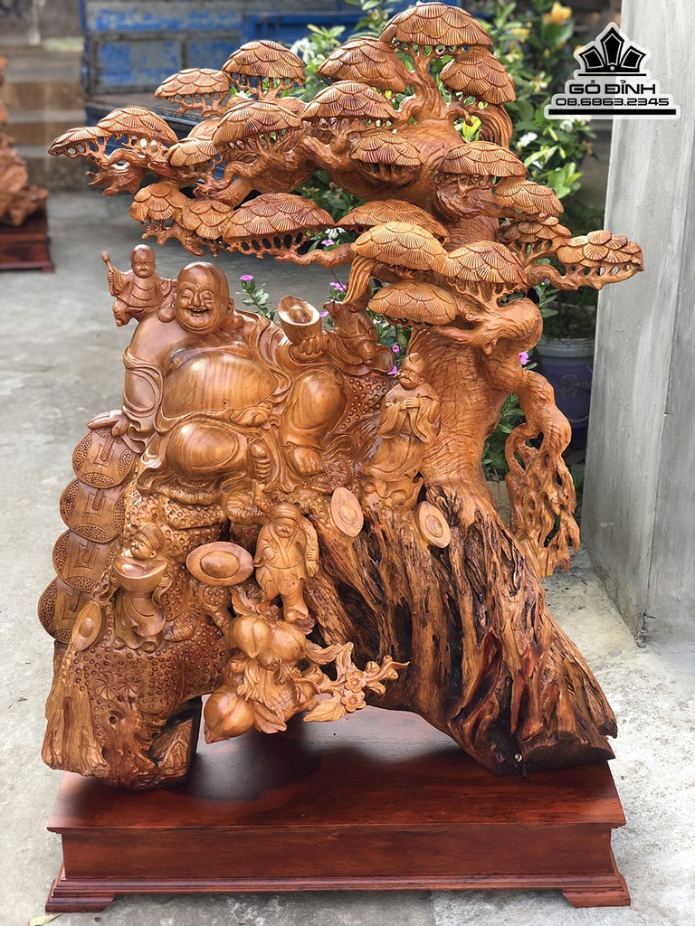 Tượng Phật Di Lặc Ngũ Phúc Ngồi Gốc Tùng Gỗ Hương  Việt Cao 136 Ngang 90 Sâu 40 (cm) 2