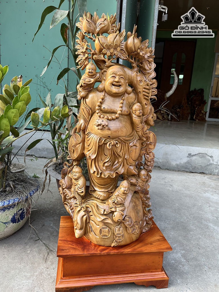 Tượng Phật Di Lặc Ngũ Phúc Đứng Bao Tiền Gỗ Bách Xanh Cao 90 Ngang 40 Sâu 26 (cm) 1