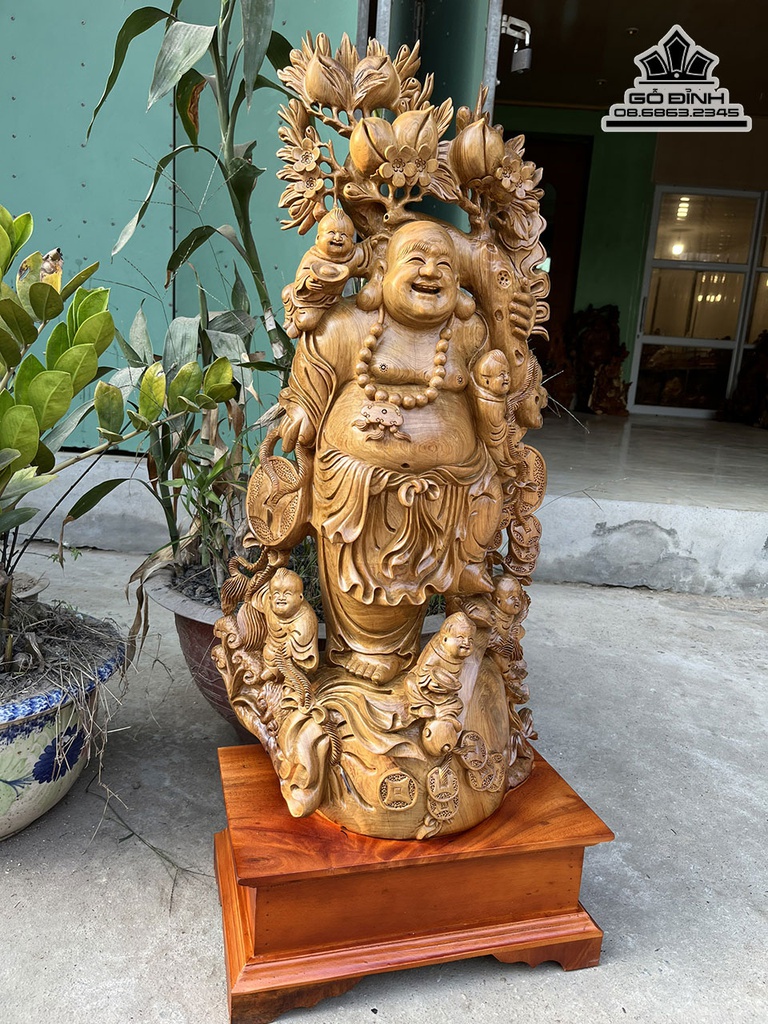 Tượng Phật Di Lặc Ngũ Phúc Đứng Bao Tiền Gỗ Bách Xanh Cao 90 Ngang 40 Sâu 26 (cm) 2