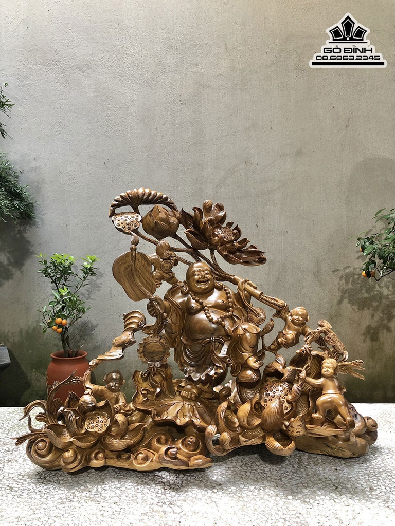 Tượng Phật Di Lặc Ngũ Phúc Đứng Hoa Sen Gỗ Bách Xanh Cao 56 Ngang 73 Sâu 36 (cm) 0