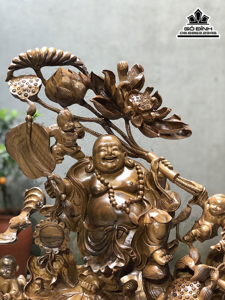 Tượng Phật Di Lặc Ngũ Phúc Đứng Hoa Sen Gỗ Bách Xanh Cao 56 Ngang 73 Sâu 36 (cm) 1