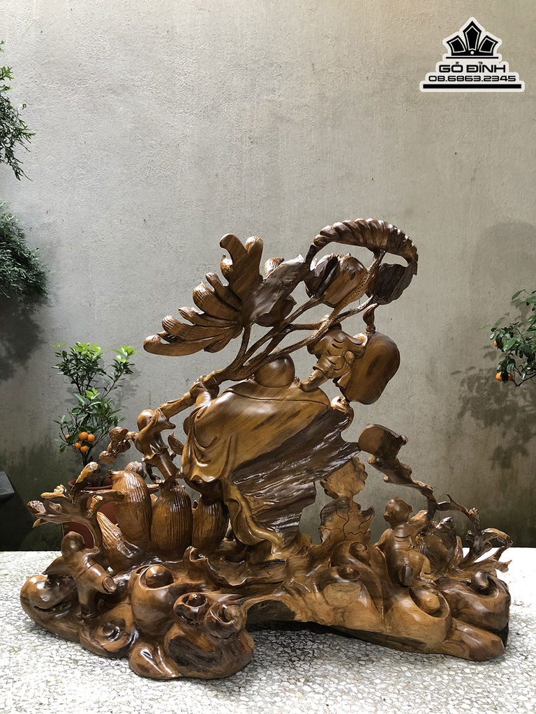 Tượng Phật Di Lặc Ngũ Phúc Đứng Hoa Sen Gỗ Bách Xanh Cao 56 Ngang 73 Sâu 36 (cm) 2