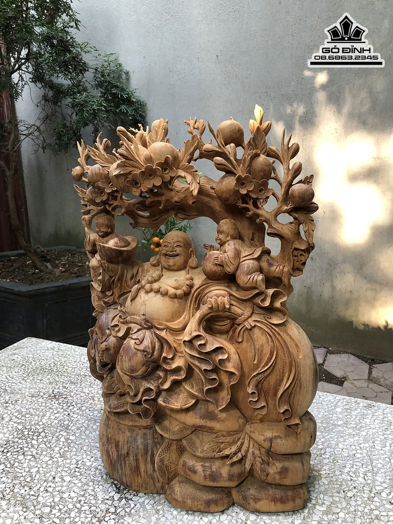 Tượng Phật Di Lặc Tam Phúc Ngồi Gốc Đào Gỗ Ngọc Am Cao 56 Ngang 45 Sâu 20 (cm) 0