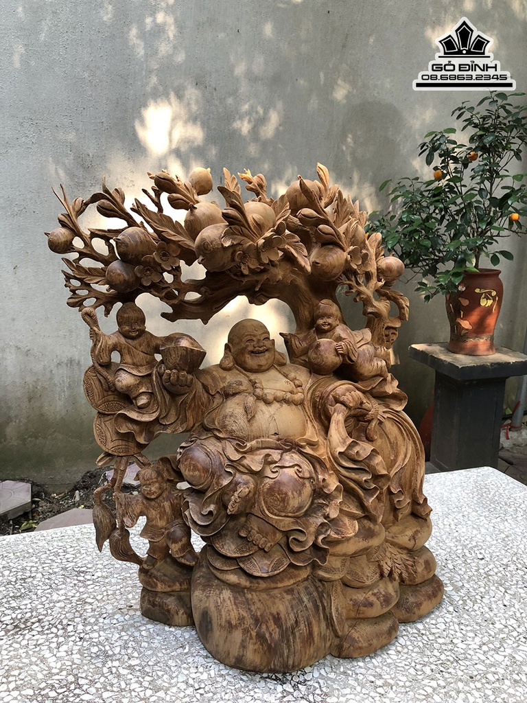 Tượng Phật Di Lặc Tam Phúc Ngồi Gốc Đào Gỗ Ngọc Am Cao 56 Ngang 45 Sâu 20 (cm) 1