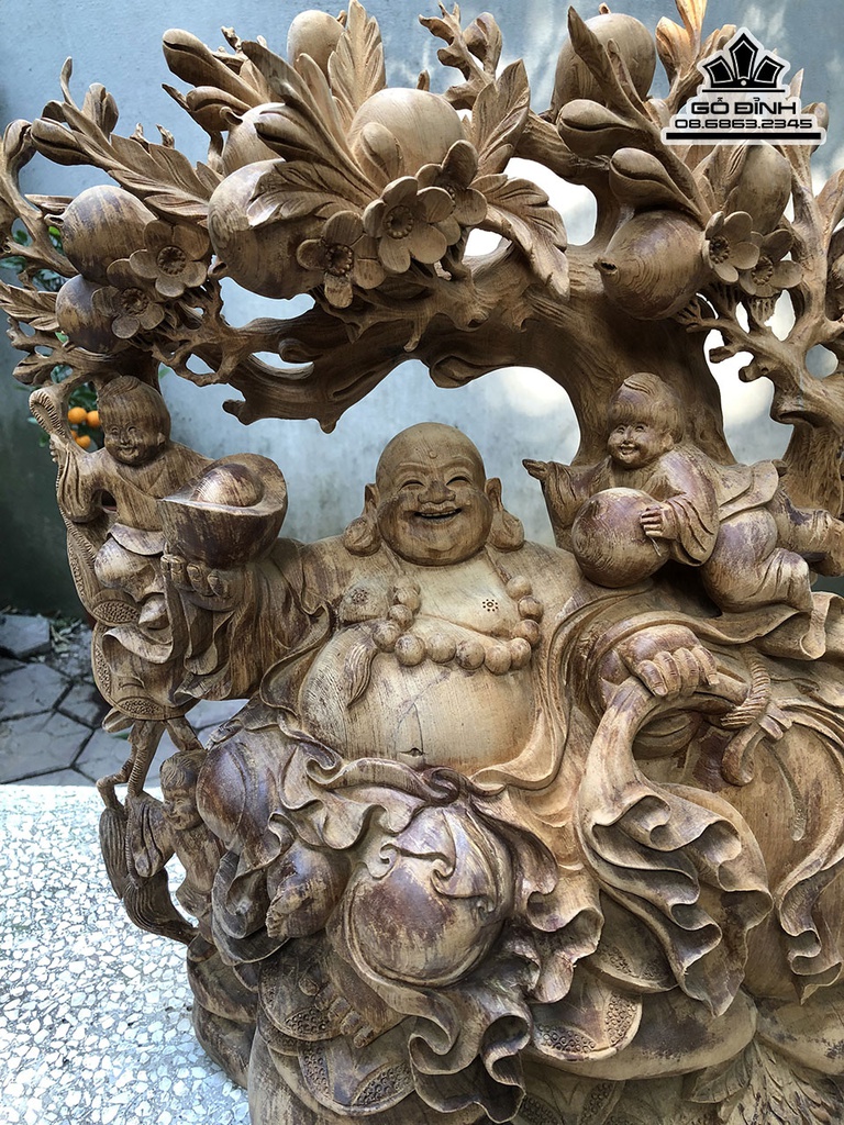 Tượng Phật Di Lặc Tam Phúc Ngồi Gốc Đào Gỗ Ngọc Am Cao 56 Ngang 45 Sâu 20 (cm) 2