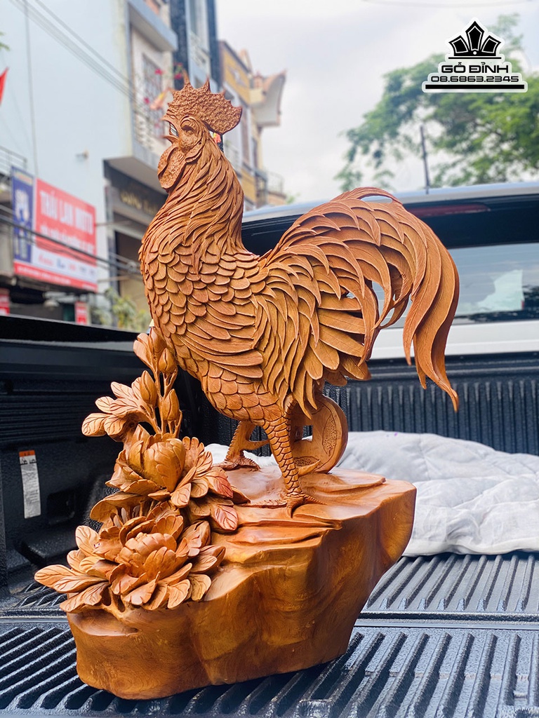Tượng Gà Trống  (Nhất Kê) Gỗ Hương Liền Khối Cao 83 Ngang 52 Sâu 55 (cm) 1