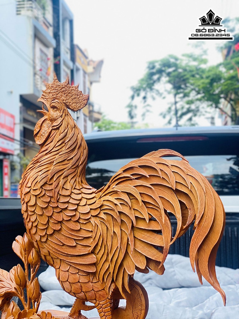 Tượng Gà Trống  (Nhất Kê) Gỗ Hương Liền Khối Cao 83 Ngang 52 Sâu 55 (cm) 2