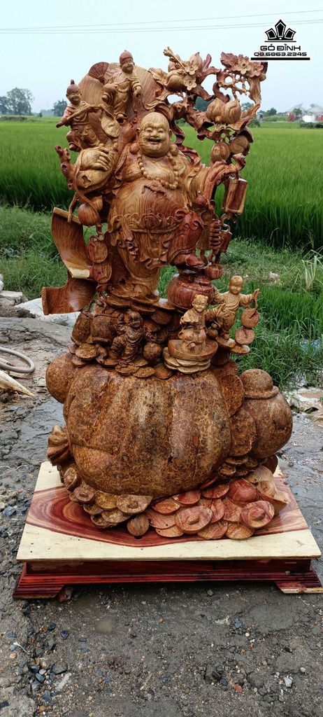 Tượng Phật Di Lặc Ngũ Phúc Vác Cành Đào Đứng Bao Tiền Gỗ Nu Hương Cao 116 Ngang 70 Sâu 40 (cm) 0