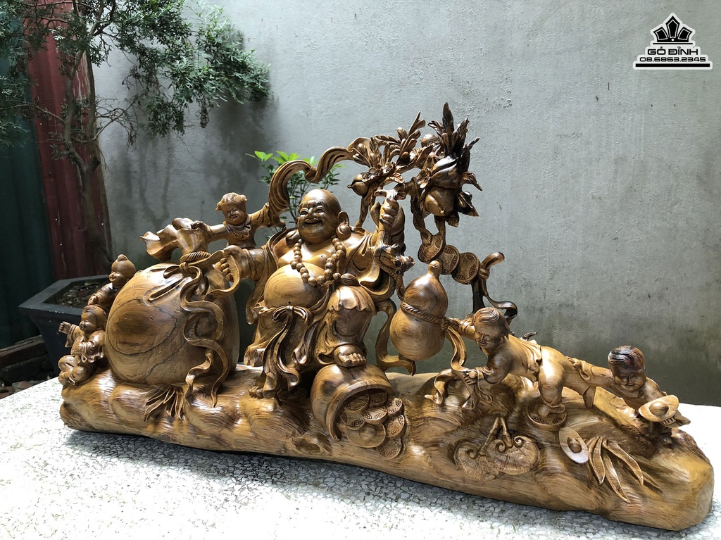 Tượng Phật Di Lặc Ngũ Phúc kéo Bao Tiền Gỗ Bách Xanh Cao 43 Ngang 83 Sâu 23 (cm) 0