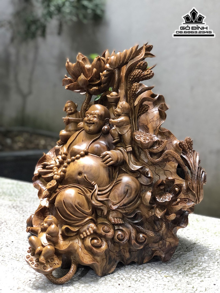 Tượng Phật Di Lặc Tam Phúc Gỗ Bách Xanh Cao 45 Ngang 40 Sâu 36 (cm) 1