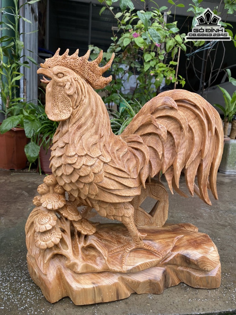 Tượng Gà Trống (Nhất Kê) Gỗ Ngọc Am Cao 48 Ngang 41 Sâu 22 (cm) 1