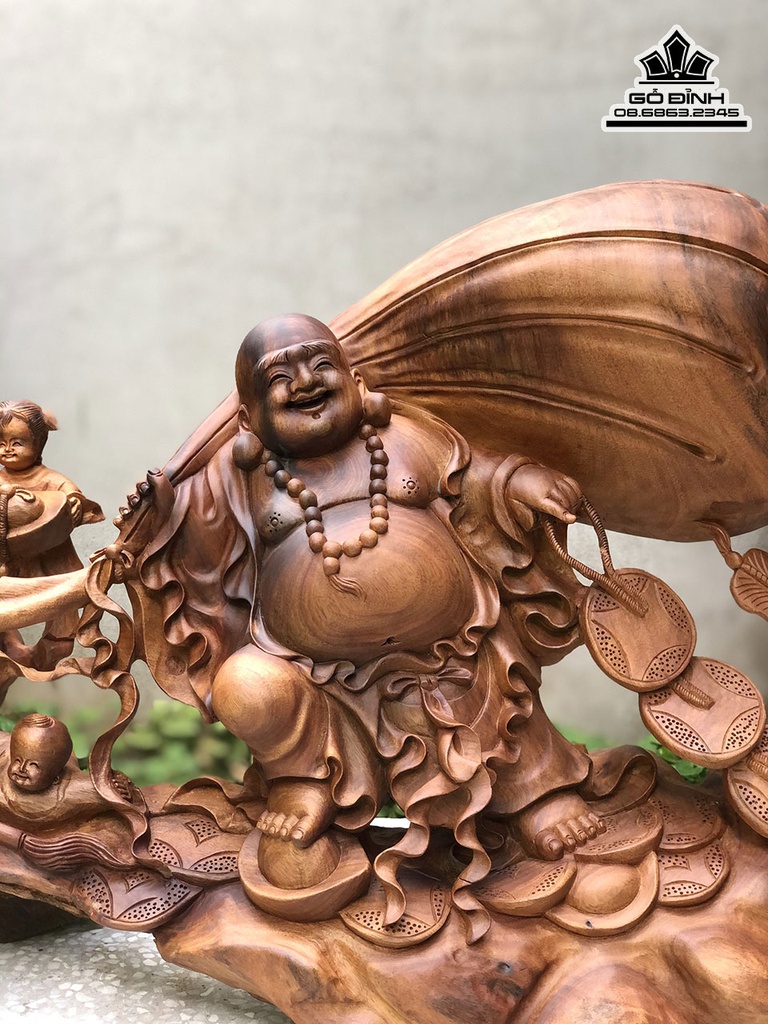 Tượng Phật Di Lặc Ngũ Phúc Vác Bao Tiền Gỗ Bách Xanh Cao 50 Ngang 95 Sâu 26 (cm) 0