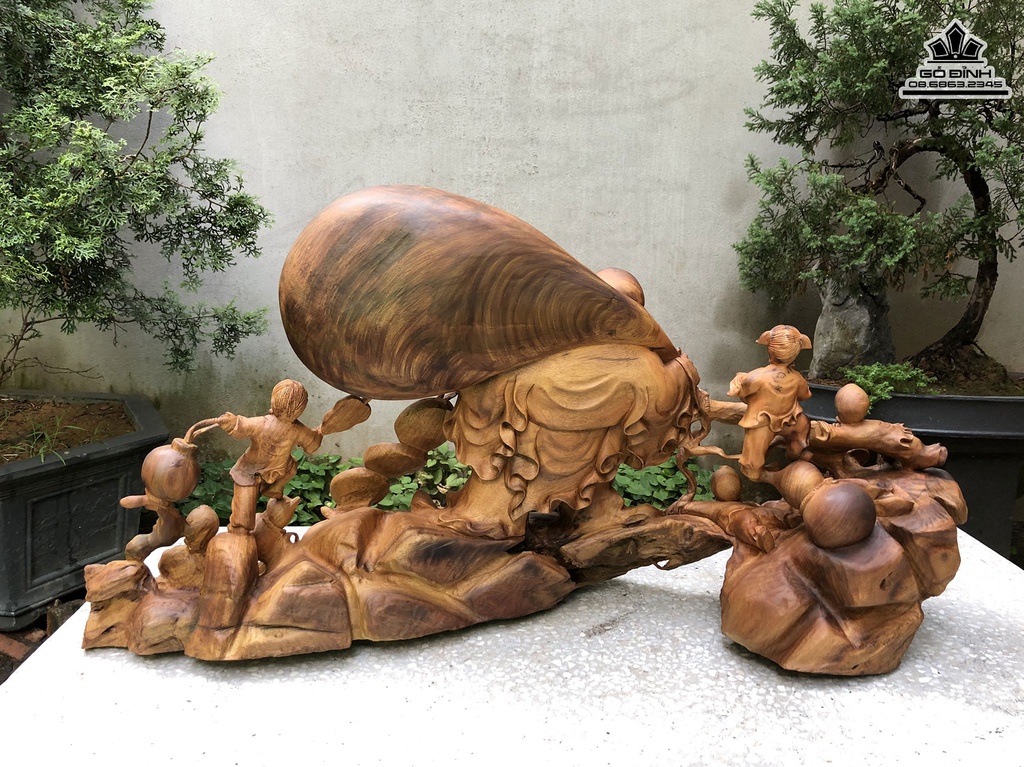 Tượng Phật Di Lặc Ngũ Phúc Vác Bao Tiền Gỗ Bách Xanh Cao 50 Ngang 95 Sâu 26 (cm) 2