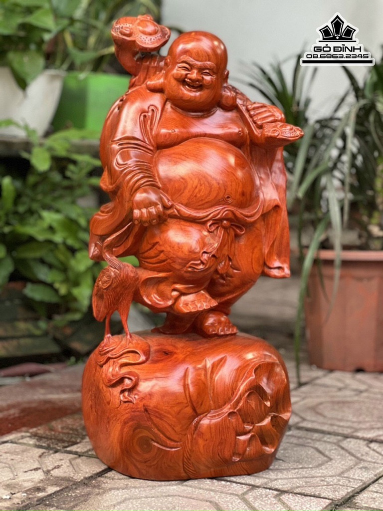 Tượng Phật Di Lặc Vác Gậy Như Ý Bao Tiền Gỗ Nu Hương Cao 60 Ngang 28 Sâu 26 (cm) 2
