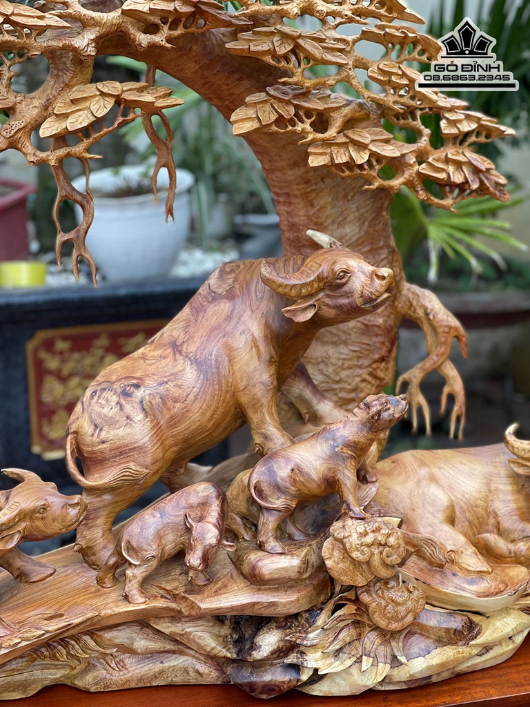 Tượng Gia Đình Trâu Đứng Gốc Tùng Gỗ Hương Việt Cao 90 Ngang 97 Sâu 42 Cao Cả Kỷ 140 (cm) 3