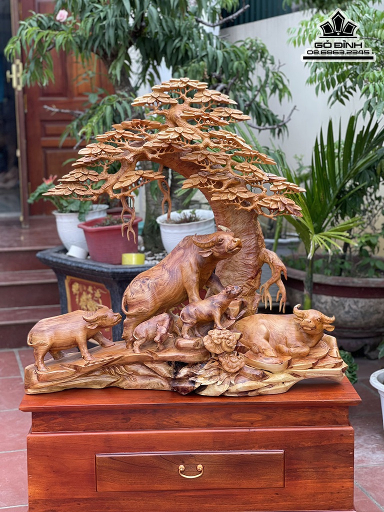 Tượng Gia Đình Trâu Đứng Gốc Tùng Gỗ Hương Việt Cao 90 Ngang 97 Sâu 42 Cao Cả Kỷ 140 (cm)5