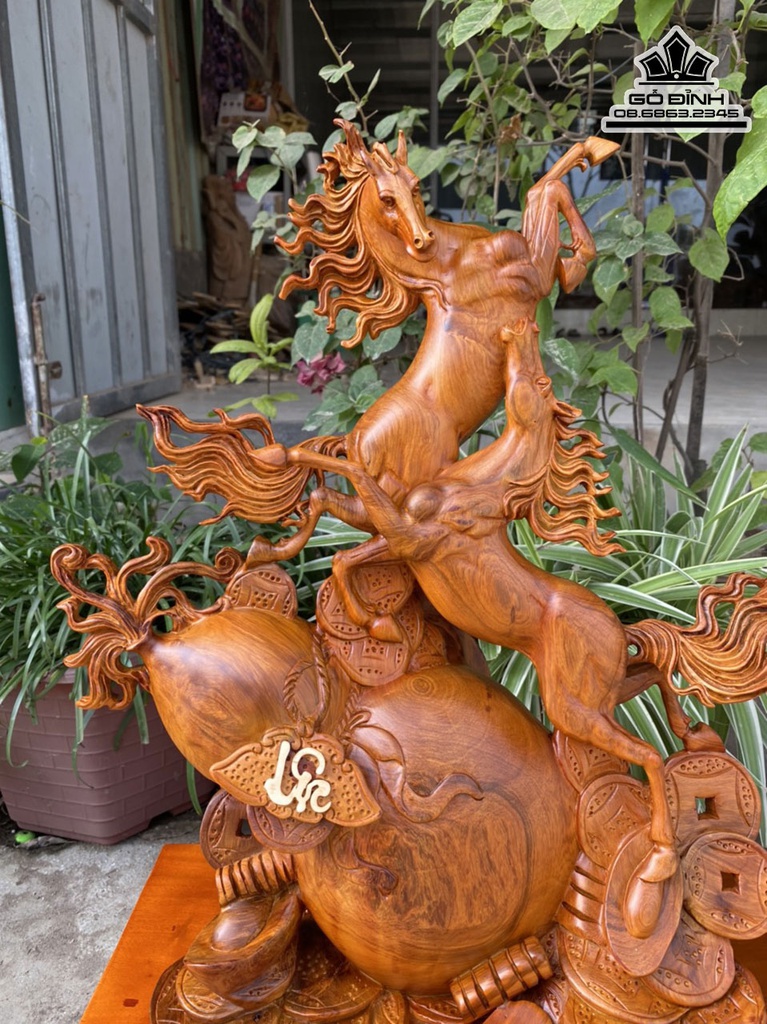 Tượng Ngựa Phong Thuy (Song Mã) Gỗ Hương Việt Cao 63 Ngang 43 Sâu 27 Kỷ 14 (cm) 2