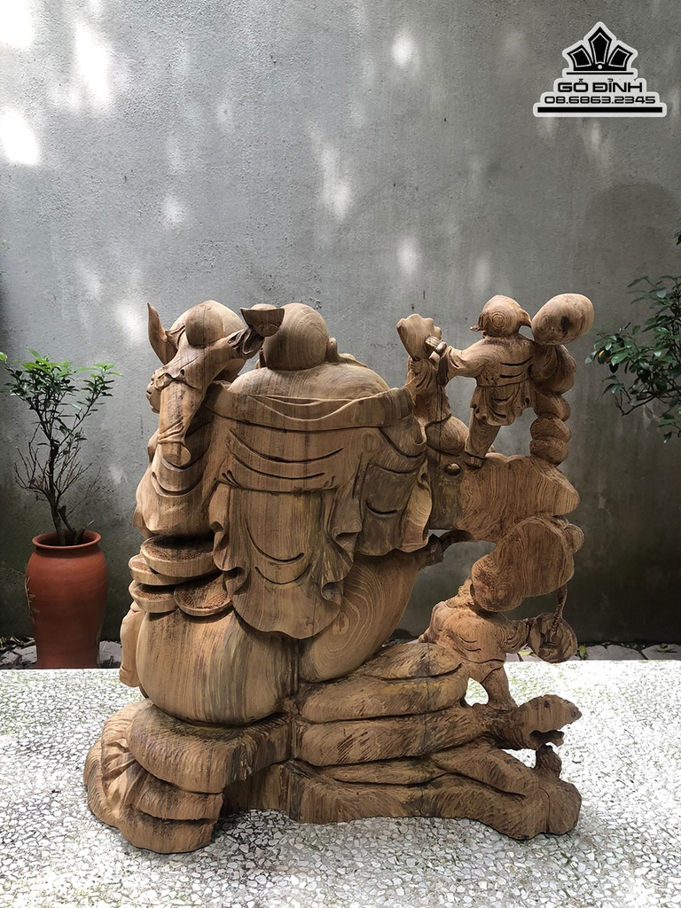 Tượng Phât Di Lặc Ngũ Phúc Cầm Trái Đào Gỗ Ngọc Am Cao 52 Ngang 55 Sâu 28 (cm) 0