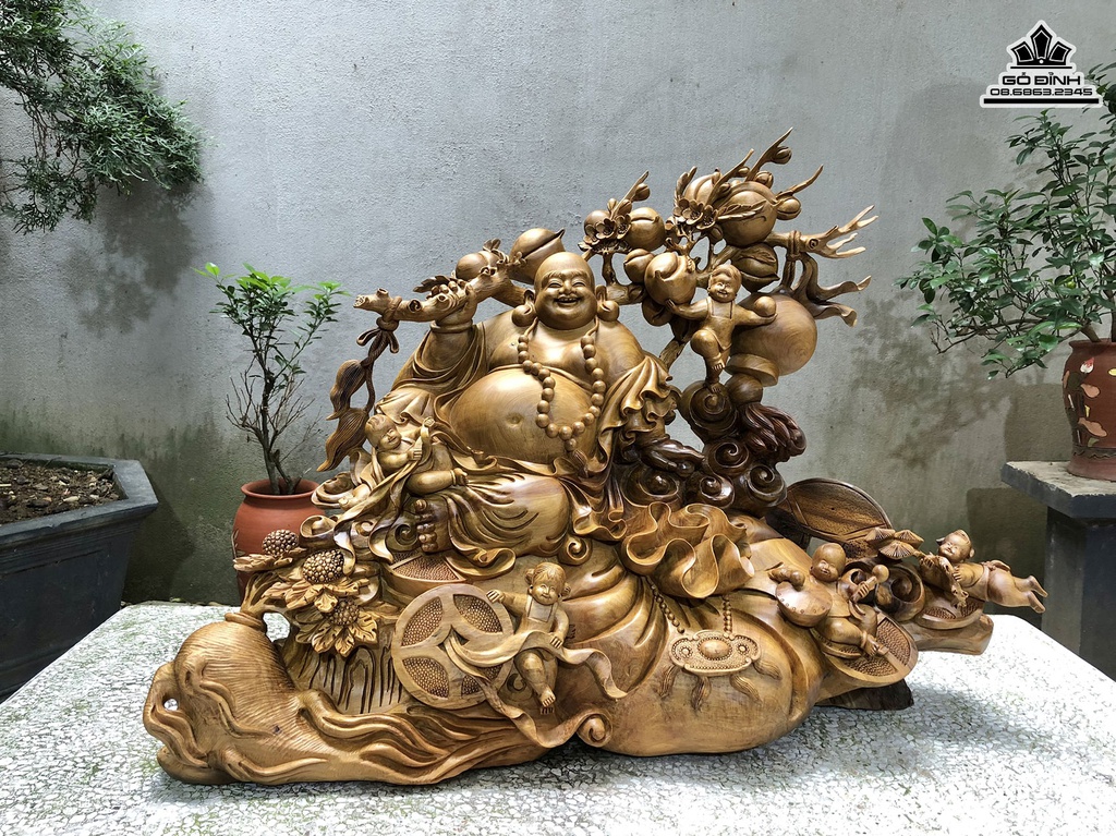 Tượng Di Lặc Ngũ Phúc Gỗ Bách Xanh Cao 60 Ngang 82 Sâu 32 (cm) 0