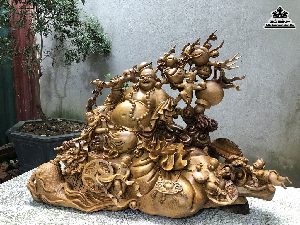 Tượng Di Lặc Ngũ Phúc Gỗ Bách Xanh Cao 60 Ngang 82 Sâu 32 (cm) 1