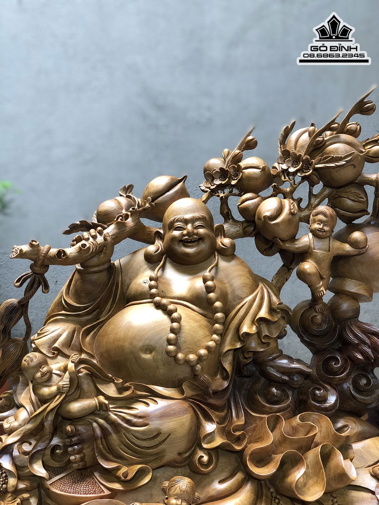 Tượng Di Lặc Ngũ Phúc Gỗ Bách Xanh Cao 60 Ngang 82 Sâu 32 (cm)2