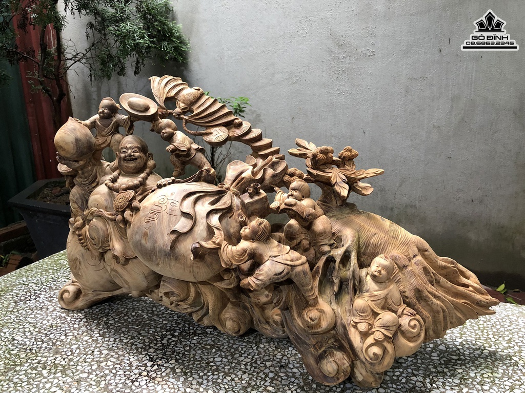 Tượng Phật Di Lặc Ngũ Phúc Ngồi Bao Tiền Gỗ Ngọc Am Cao 45 Ngang 80 Sâu 30 (cm) 1