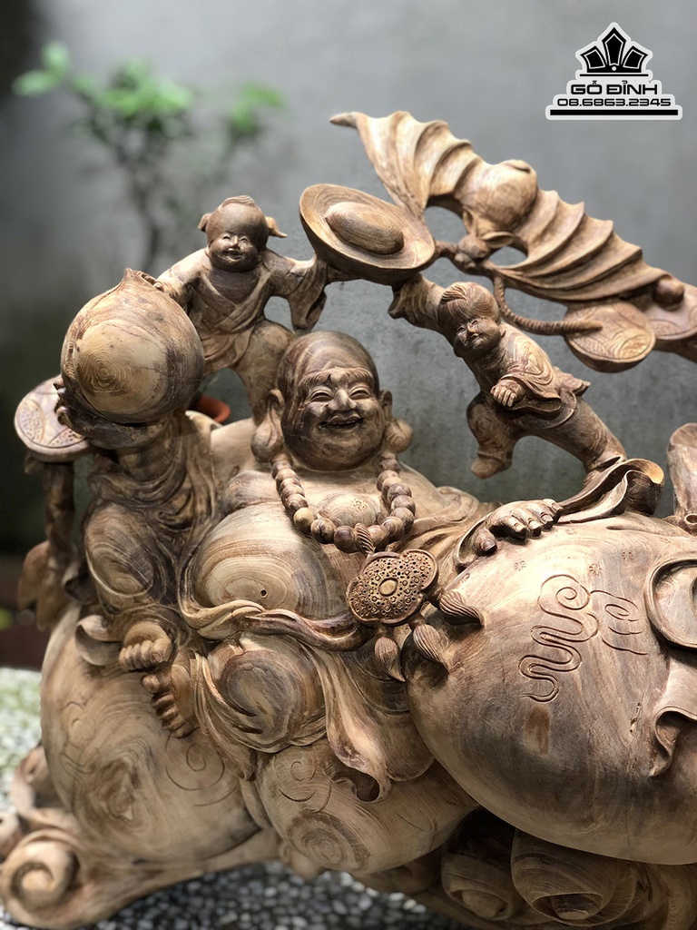 Tượng Phật Di Lặc Ngũ Phúc Ngồi Bao Tiền Gỗ Ngọc Am Cao 45 Ngang 80 Sâu 30 (cm)2