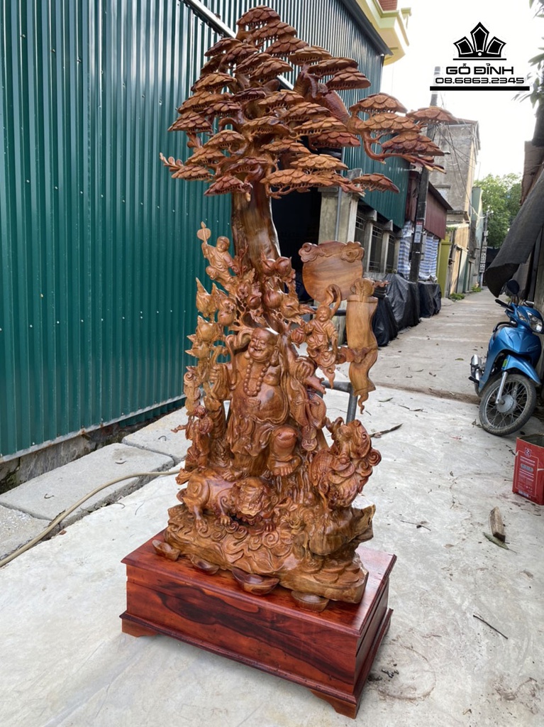 Tượng Phật Di Lặc Ngũ Phúc Thuần Nghê Đứng Gốc Tùng Gỗ Hương Việt Cao Cả Kỷ 223 Ngang 110 Sâu 46 (cm) 0