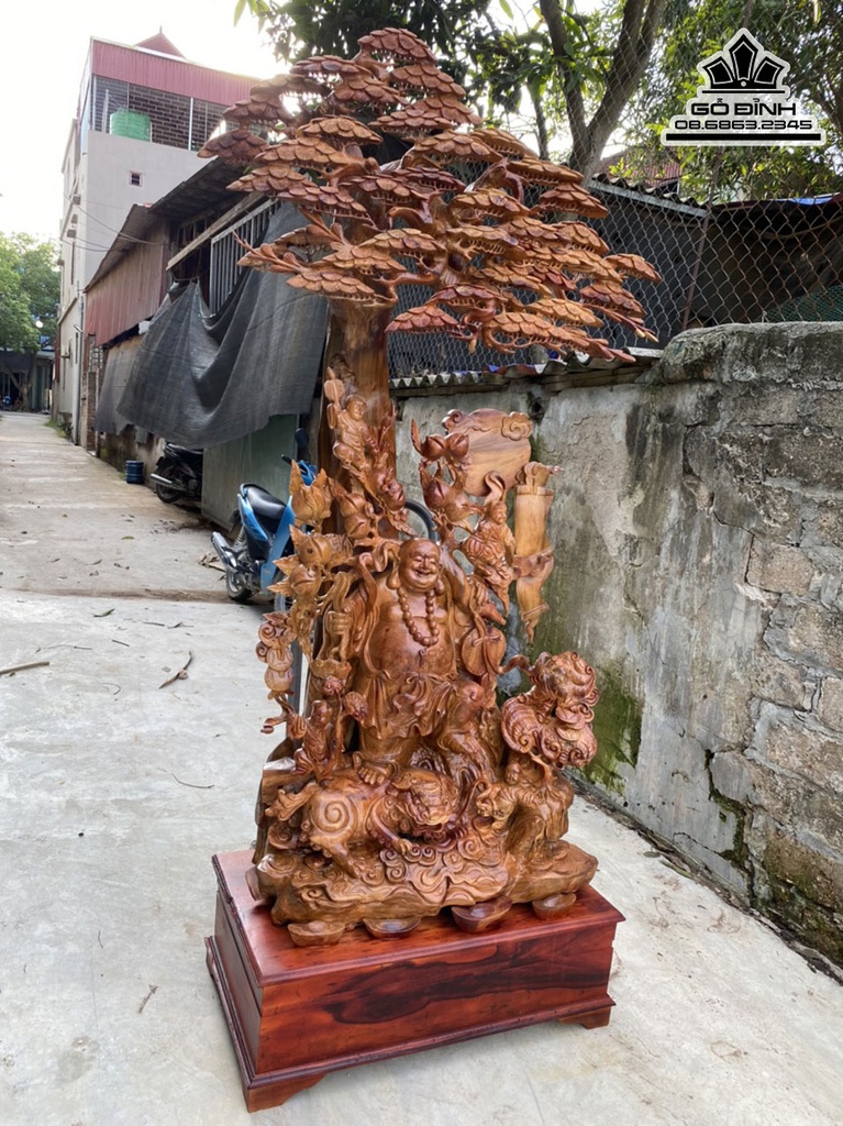 Tượng Phật Di Lặc Ngũ Phúc Thuần Nghê Đứng Gốc Tùng Gỗ Hương Việt Cao Cả Kỷ 223 Ngang 110 Sâu 46 (cm) 1