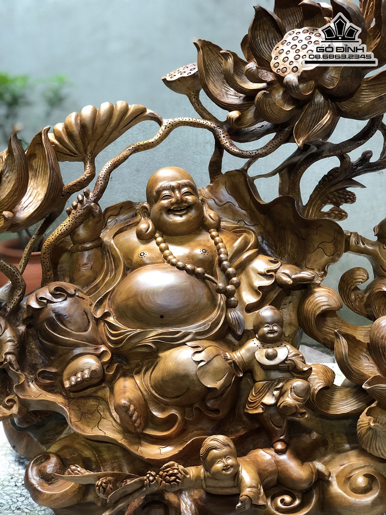 Tượng Phật Di Lặc Ngũ Phúc Ngồi Hoa Sen Gỗ Bách Xanh Cao 60 Ngang 80 Sâu 34 (cm) 1
