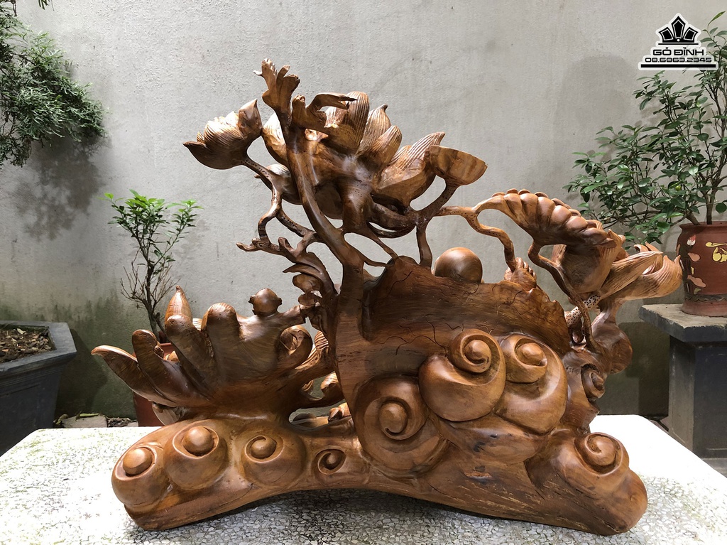 Tượng Phật Di Lặc Ngũ Phúc Ngồi Hoa Sen Gỗ Bách Xanh Cao 60 Ngang 80 Sâu 34 (cm) 2