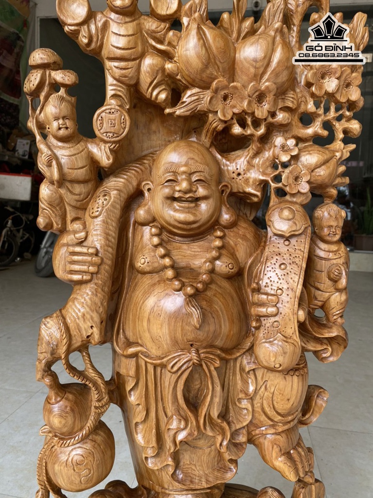 Tượng Phật Di Lặc Ngũ Phúc Đứng Bao Tiền Vác Cành Đào Gỗ Ngọc Am Cao 100 Ngang 40 Sâu 20 (cm) 0