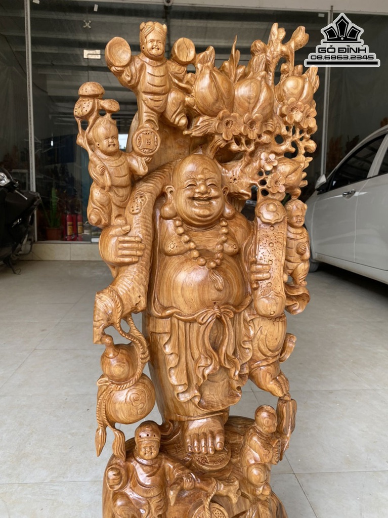 Tượng Phật Di Lặc Ngũ Phúc Đứng Bao Tiền Vác Cành Đào Gỗ Ngọc Am Cao 100 Ngang 40 Sâu 20 (cm) 2