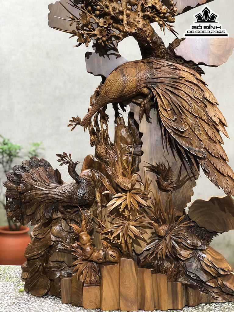 Tượng Phu Thê Viên Mãng Gỗ Bách Xanh Cao 108 Ngang 72 Sâu 20 (cm) 1