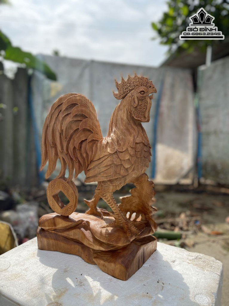 Tượng Gà Trống (Nhất Kê) Gỗ Ngọc  Am Cao 48 Ngang 35 Sâu 18 (cm) 2