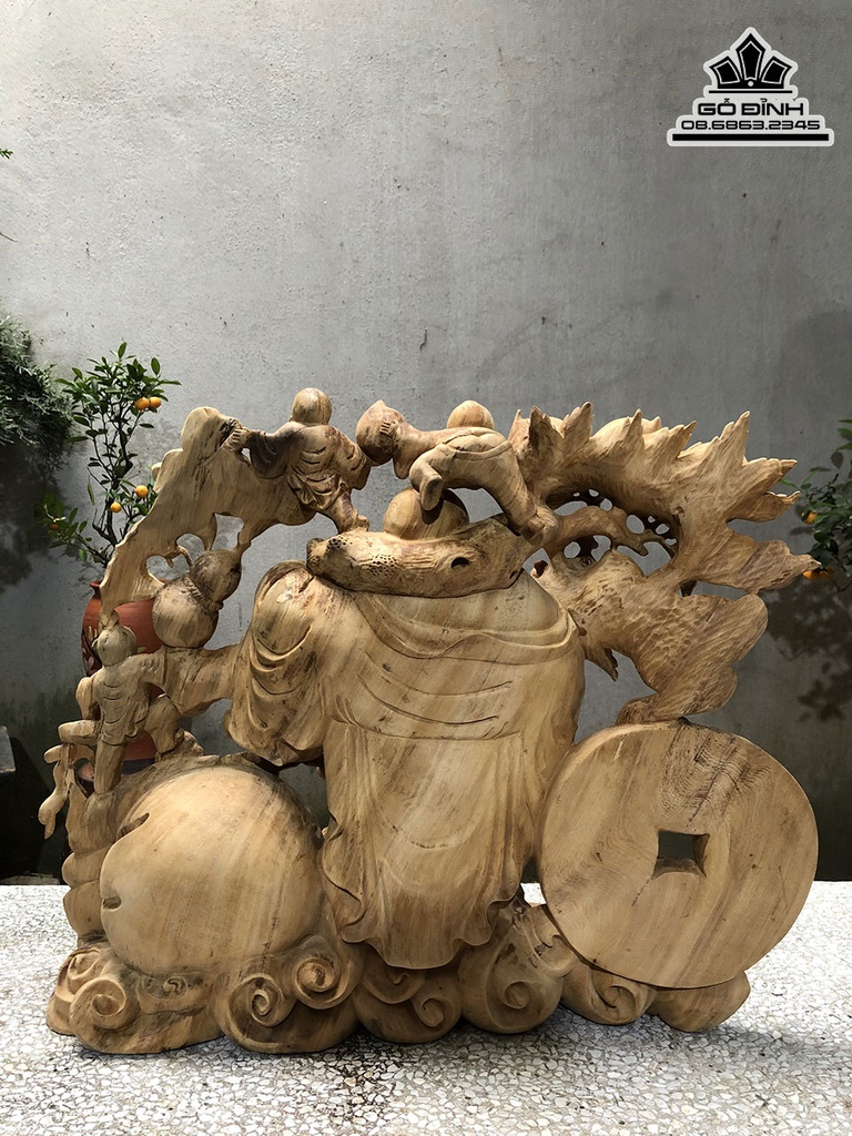 Tượng Phật Di Lặc Ngũ Phúc Vác Cành Đào Gỗ Ngọc Am Cao 65 Ngang 68 Sâu 20 (cm) 0