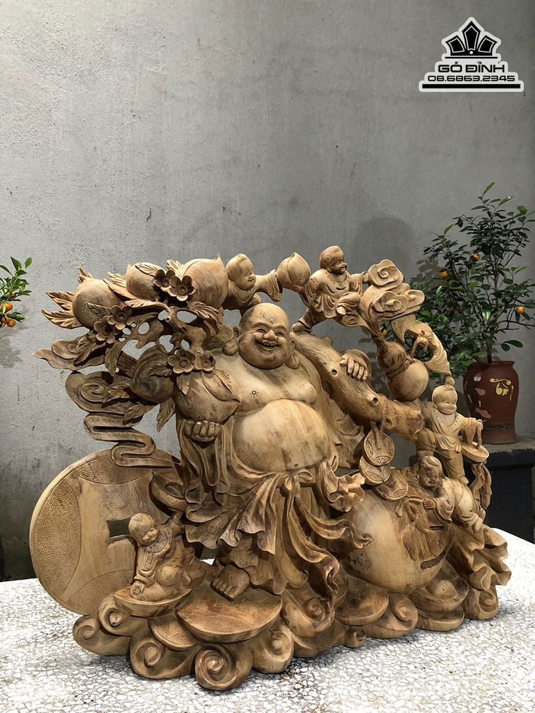 Tượng Phật Di Lặc Ngũ Phúc Vác Cành Đào Gỗ Ngọc Am Cao 65 Ngang 68 Sâu 20 (cm) 1