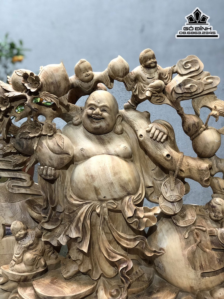 Tượng Phật Di Lặc Ngũ Phúc Vác Cành Đào Gỗ Ngọc Am Cao 65 Ngang 68 Sâu 20 (cm) 2
