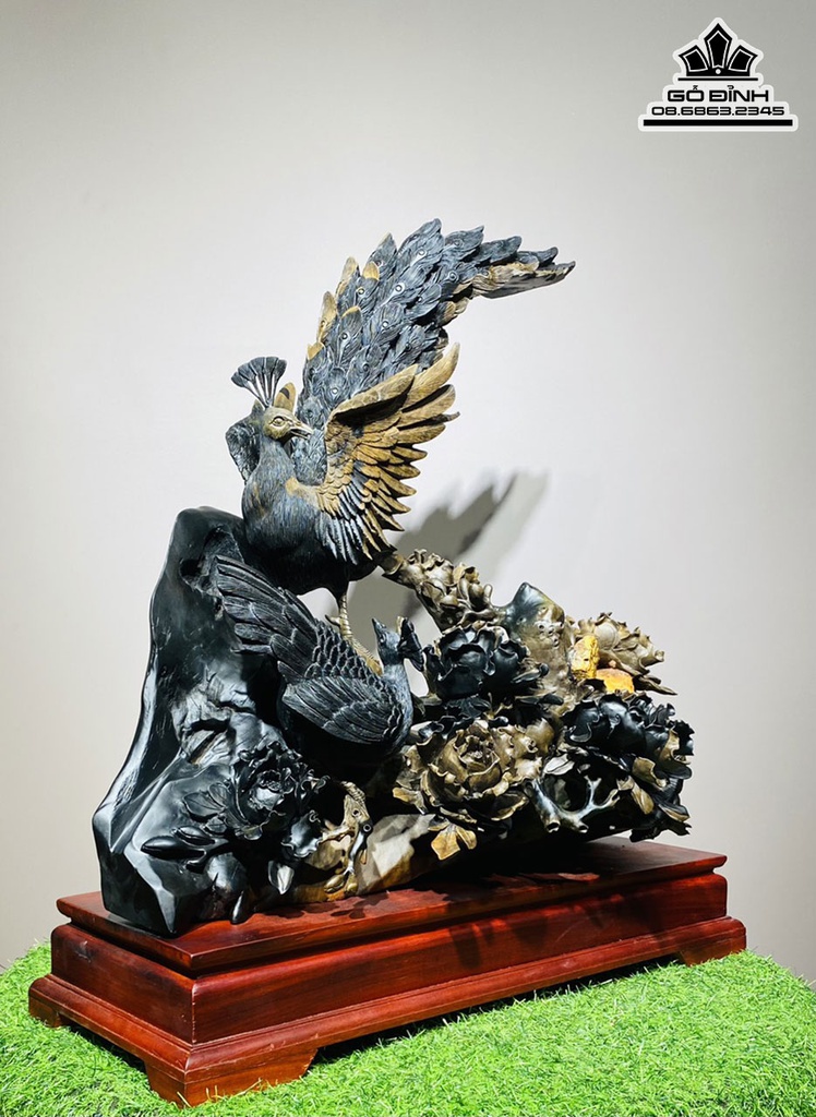 Tượng Phu Thê Viên Mãng Gỗ Mun Sừng Ôm Đá Cao 66 Ngang 56  Sâu 30 (cm) 0