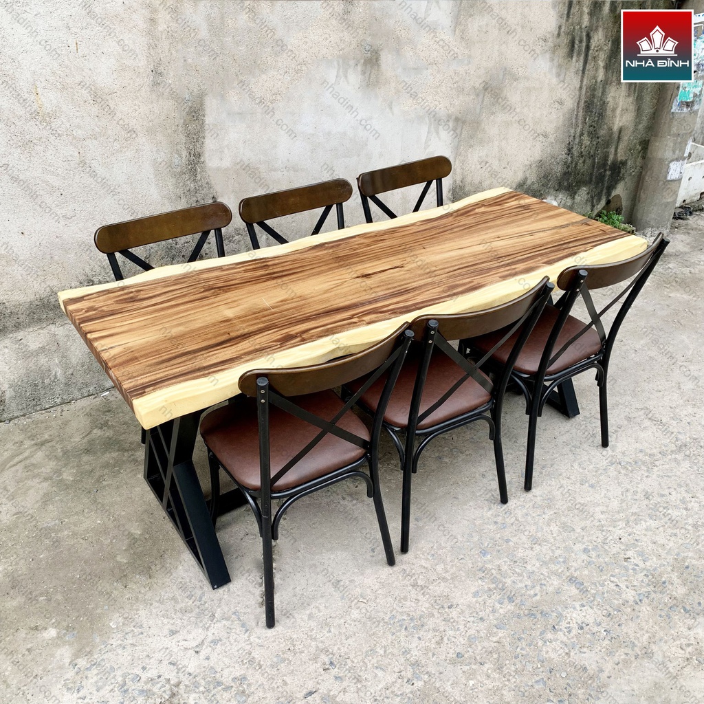 Bàn Gỗ Me Tây  6 Ghế Dài 182 Rộng 72-74-76 Dày 5 Cao 75 (cm)