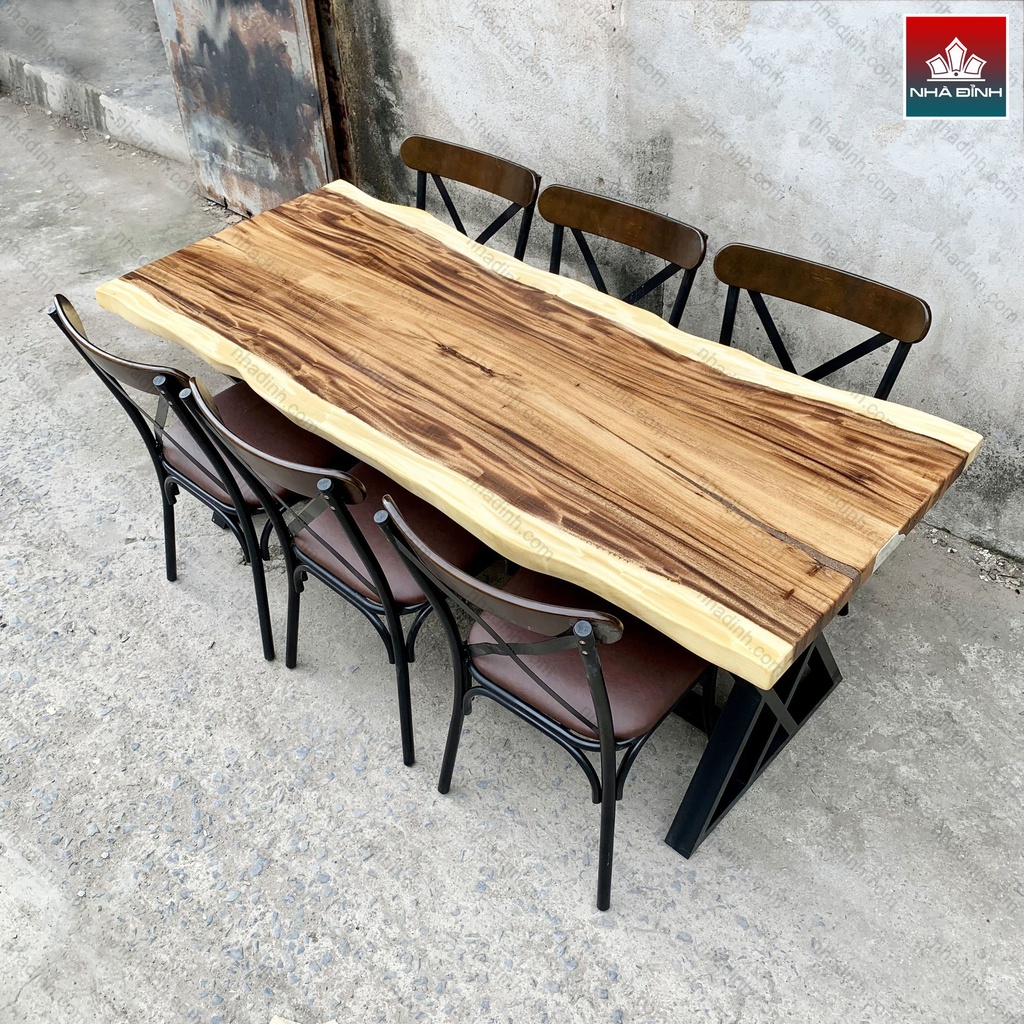 Bàn Gỗ Me Tây  6 Ghế Dài 182 Rộng 72-74-76 Dày 5 Cao 75 (cm)