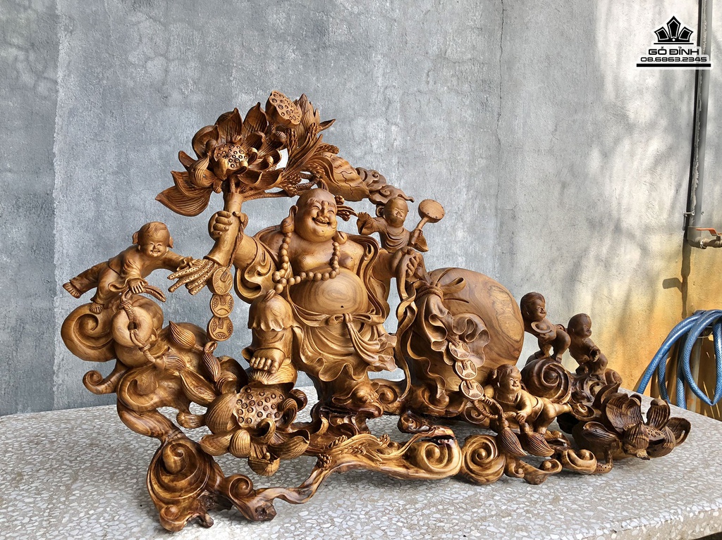 Tượng Phật Di Lặc Ngũ Phúc Cầm Hoa Sen Gỗ Nu Hương Cao 52 Ngang 86 Sâu 30 (cm) 0