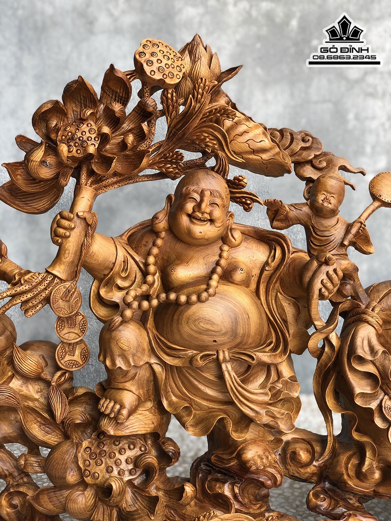 Tượng Phật Di Lặc Ngũ Phúc Cầm Hoa Sen Gỗ Nu Hương Cao 52 Ngang 86 Sâu 30 (cm) 1
