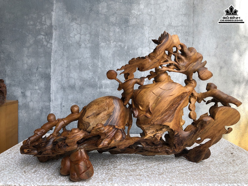 Tượng Phật Di Lặc Ngũ Phúc Cầm Hoa Sen Gỗ Nu Hương Cao 52 Ngang 86 Sâu 30 (cm) 2