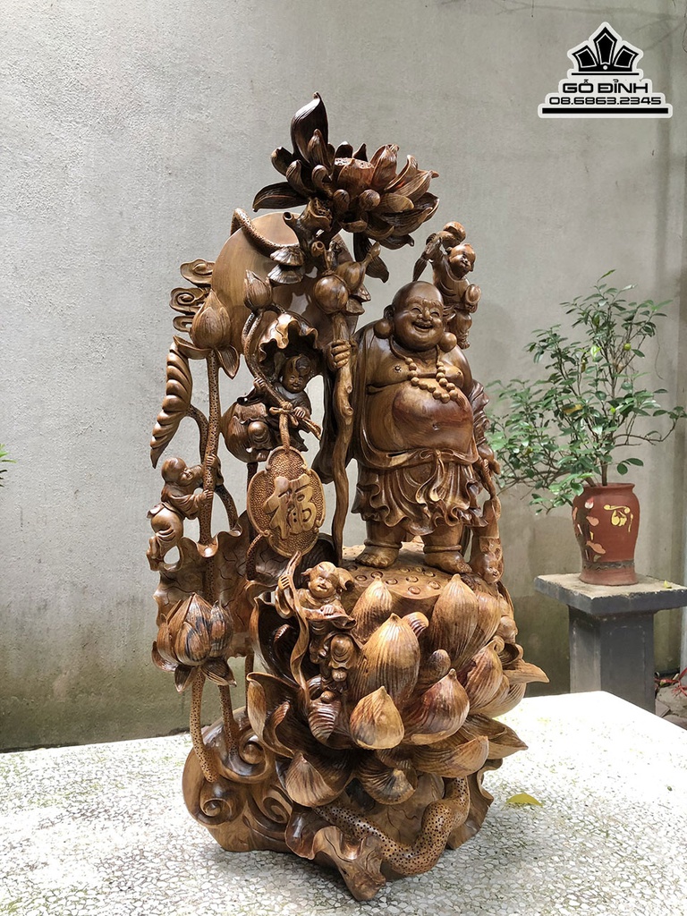 Tượng Di Lặc Đứng Hoa Sen Gỗ Bách Xanh Cao 80 Ngang 42 Sâu 33 (cm) 0