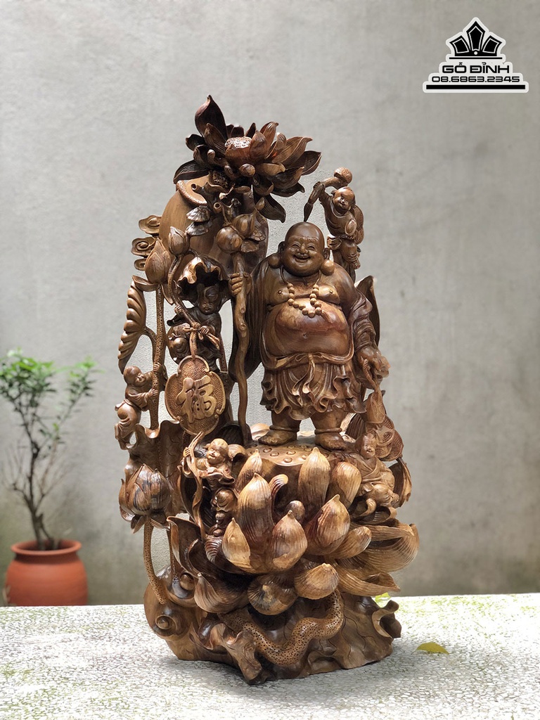 Tượng Di Lặc Đứng Hoa Sen Gỗ Bách Xanh Cao 80 Ngang 42 Sâu 33 (cm) 1