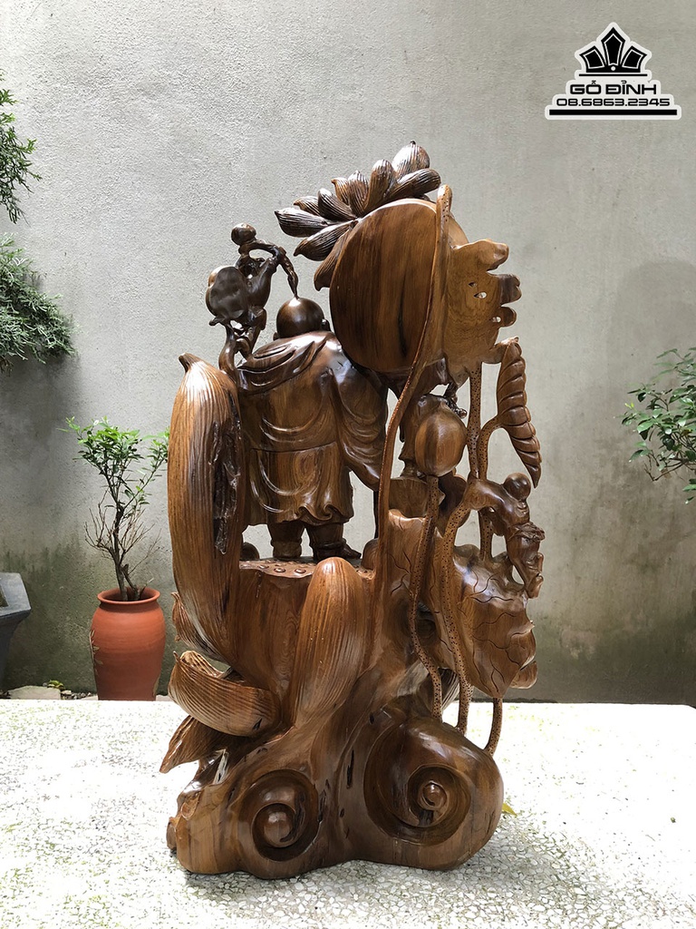 Tượng Di Lặc Đứng Hoa Sen Gỗ Bách Xanh Cao 80 Ngang 42 Sâu 33 (cm) 2