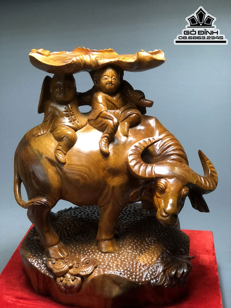 Tượng Tiểu Đồng Chăn Trâu Gỗ Ngọc Am Liền Khối Cao 46 Ngang 40 Sâu 29 (cm) 1