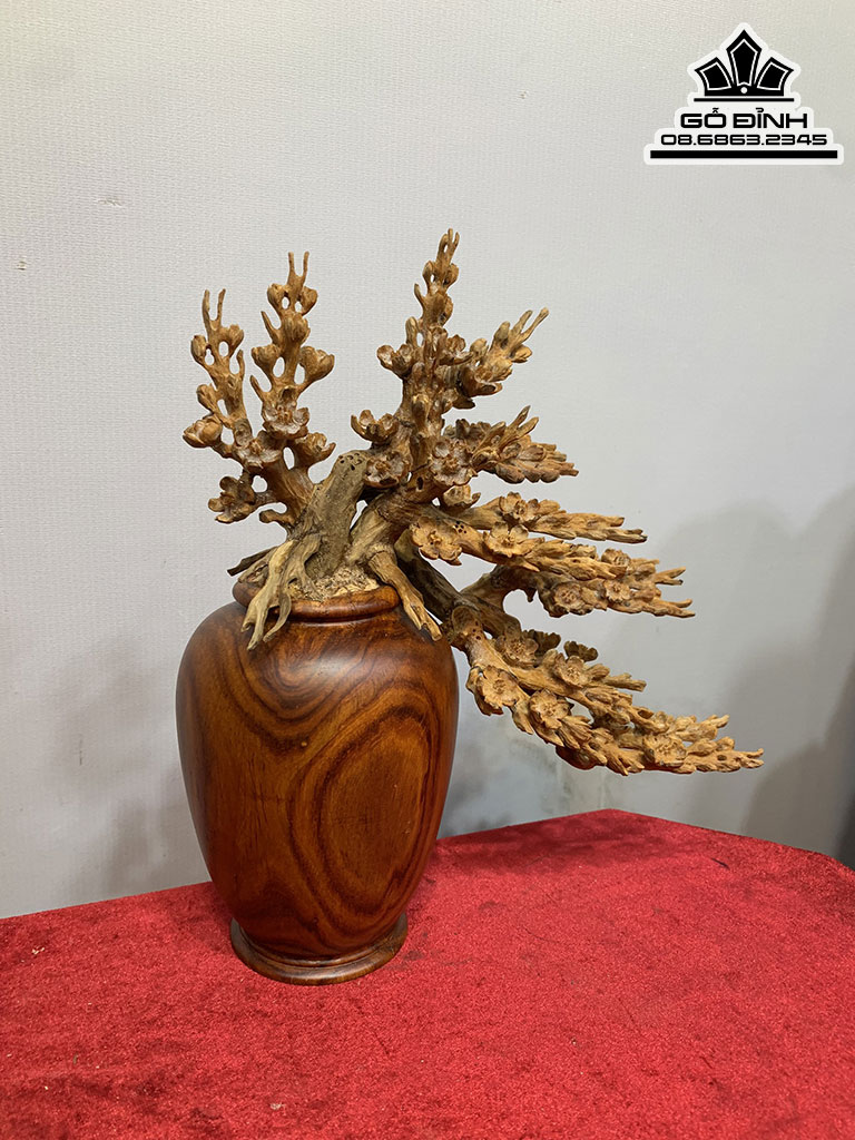 Bình Bông Mai Điểu Gỗ Hoàng Đàn Bình Gỗ Sưa Cao 29 Ngang 25 Sâu 12 (cm) 3